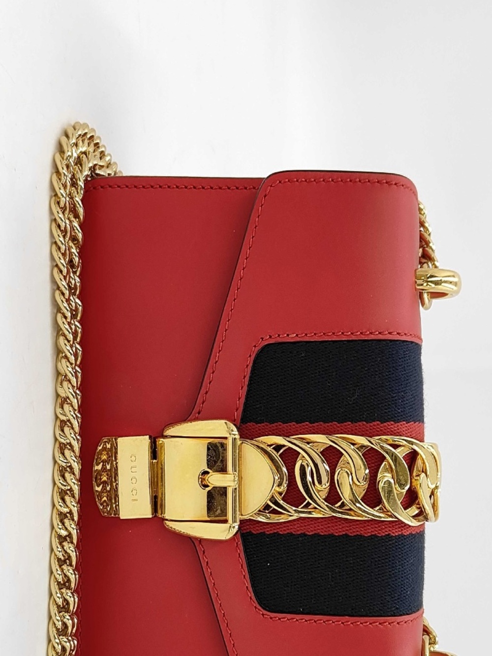 Gucci Sylvie Red Leather Web Stripe Gold Chain Shoulder Bag